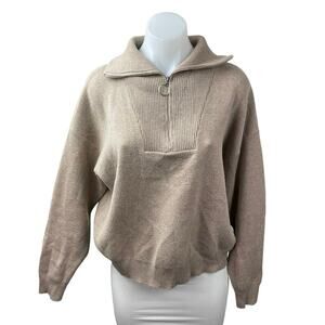 Exquiss's Women's Beige Collared Long Sleeve Half Zip Sweater Sweatshirt Top OS